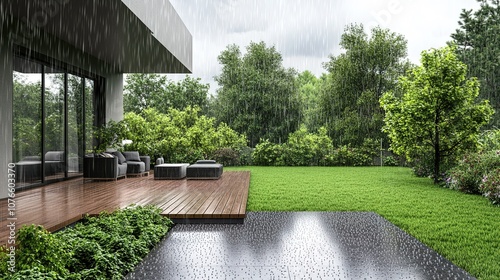  Abstract Marketing Background Depicting a Modern Family Patio Garden Landscape in Heavy Rain, Featuring 3D Rendering, Replicable Space, Perfect Composition, Clean Background, Ample White Space, Minim photo