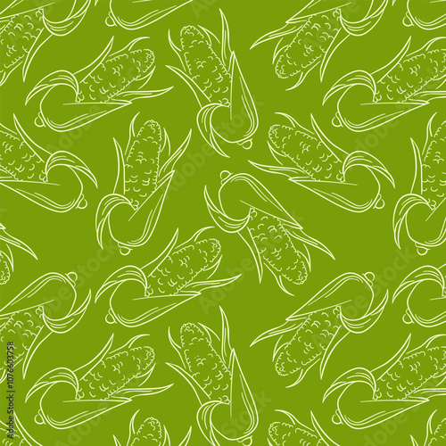 Seamless corn pattern in line art style with a green background. Illustration of corn on the cob with husks, ideal for food related design, background or packaging.