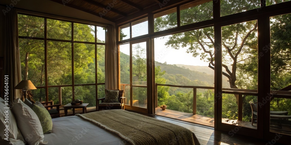 Fototapeta premium Serene Bedroom with Large Windows Overlooking Greenery - Cozy Atmosphere, Natural Light, Interior Decor, Tranquil Space, Modern Design, Relaxing Retreat