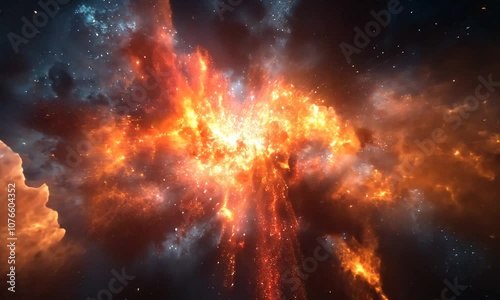 A fiery explosion with sparks and smoke in a dark space, resembling a nebula.