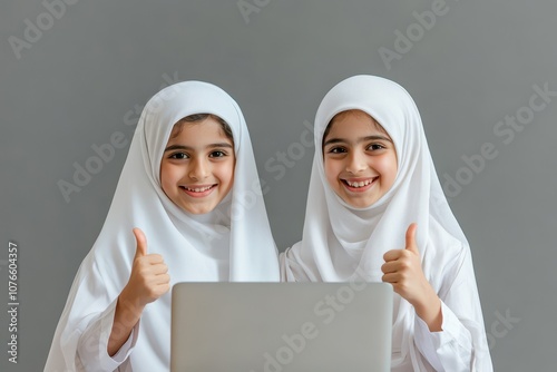 Two Smiling Girls in Hijabs Give Thumbs Up with Laptop