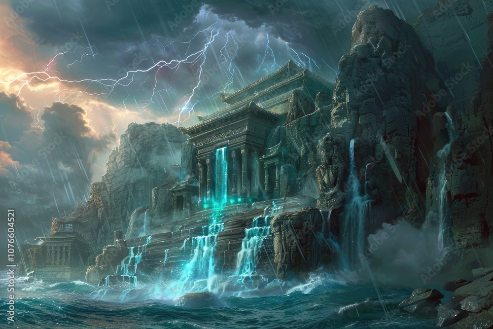 Ancient Temple with Waterfalls and Lightning in a Stormy Sea