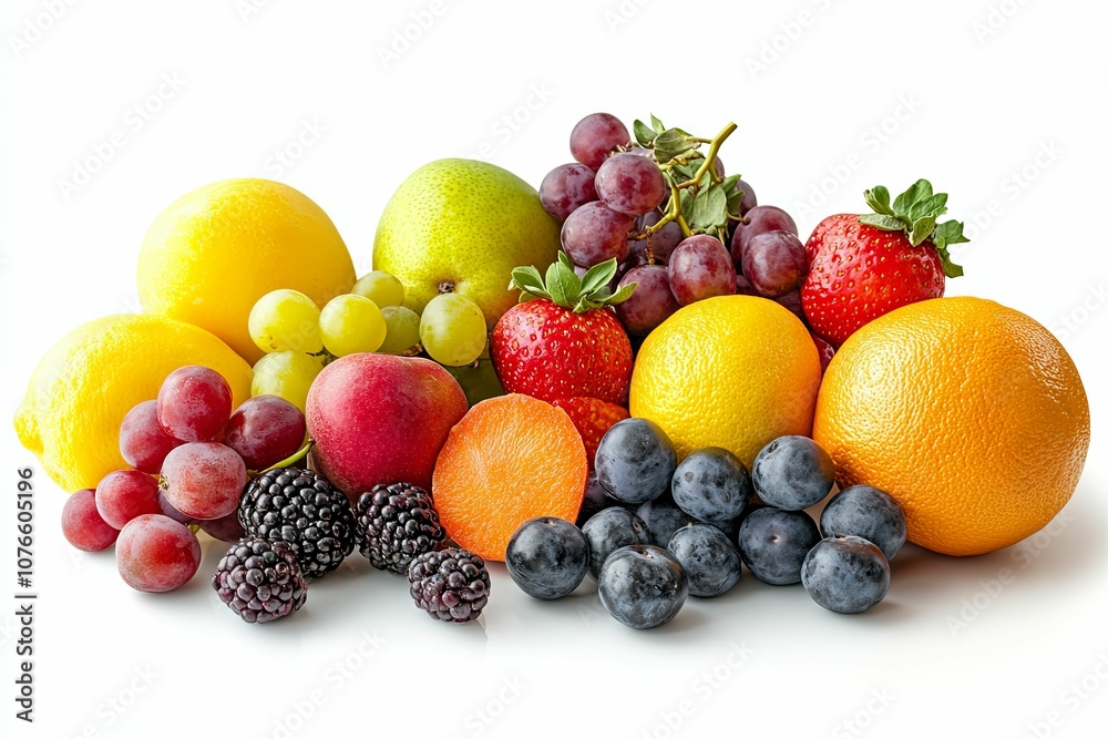 A Colorful Arrangement of Fresh Fruit on a White Background A Colorful Arrangement of Fresh Fruit on a White Background