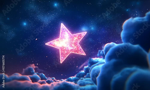 A large, glowing pink star shines brightly in a night sky with clouds.