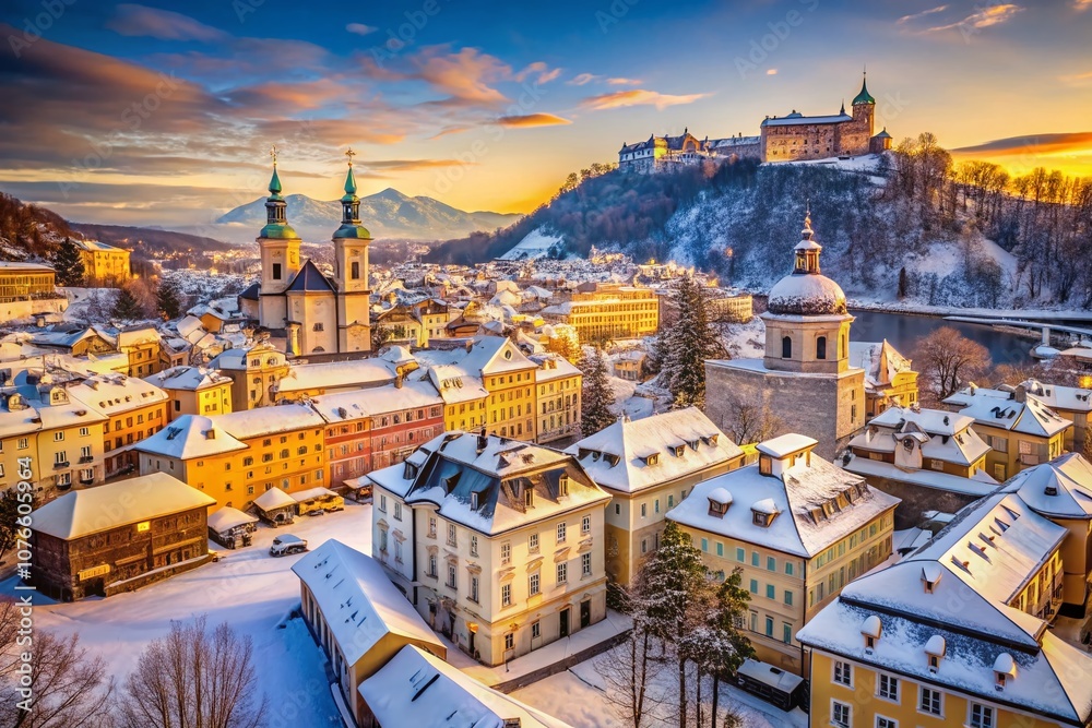 Obraz premium Vintage Style Photography of Mozart's Birthplace in Salzburg during Winter, Capturing the Essence of Classical Music's Genius in a Serene Snowy Landscape
