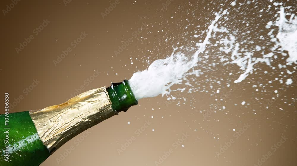 Super slow motion of Champagne explosion with flying cork closure, opening champagne bottle closeup. Filmed on high speed cinematic camera at 1000 frames per second.