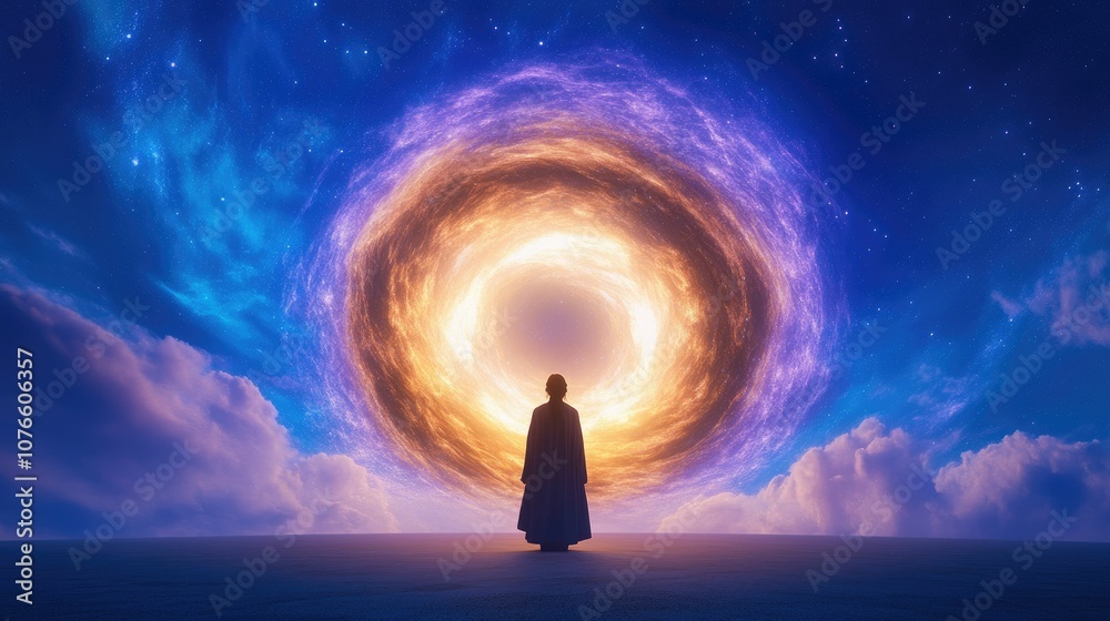 Fototapeta premium A lone figure stands before a glowing portal in the night sky, surrounded by clouds and stars.