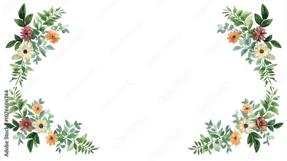 Fototapeta premium Watercolor floral frame with green leaves and flowers. Vector illustration.