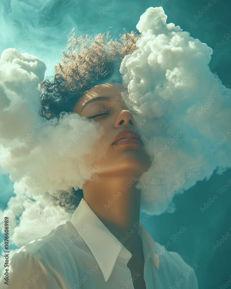 A woman made of clouds, captured in minimalistic photography with a blue background, featuring surrealism and white and dark azure tones, her portrait with closed eyes beneath a cloudy sky. A woman made of clouds, captured in minimalistic photography with a blue background, featuring surrealism and white and dark azure tones, her portrait with closed eyes beneath a cloudy sky.