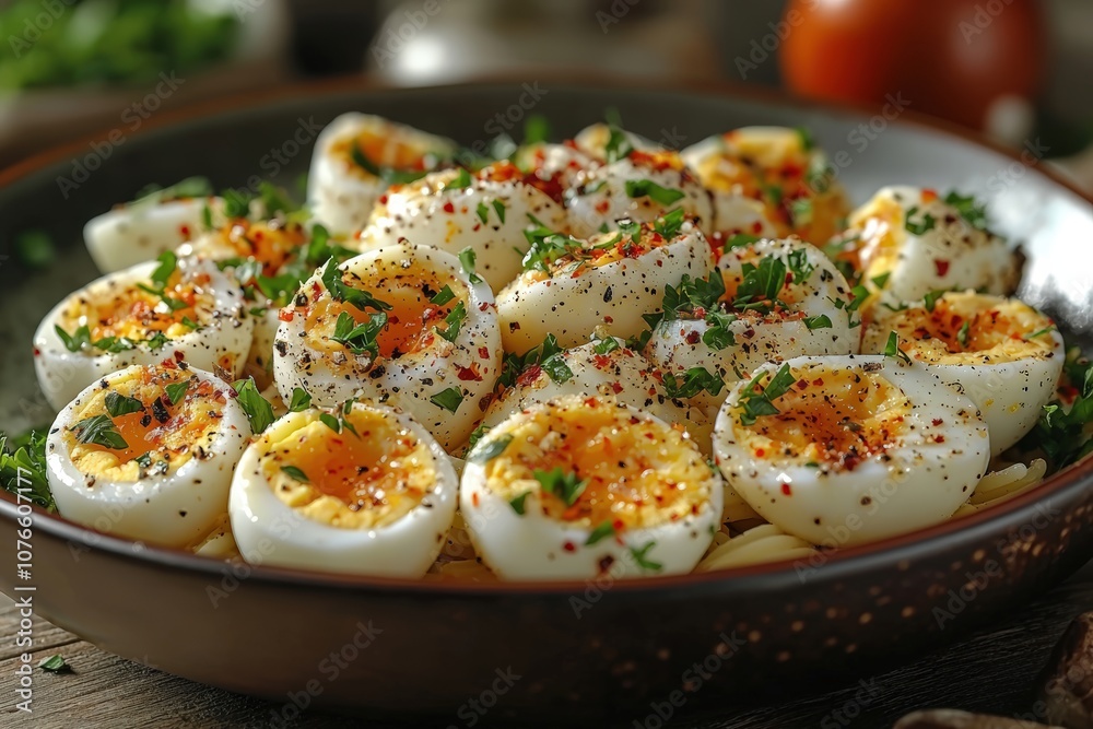 Boiled eggs with herbs and spices on a plate. Boiled eggs with herbs and spices on a plate.