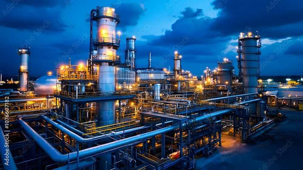 A large industrial plant with many tall buildings and a lot of pipes. The sky is dark and cloudy A large industrial plant with many tall buildings and a lot of pipes. The sky is dark and cloudy