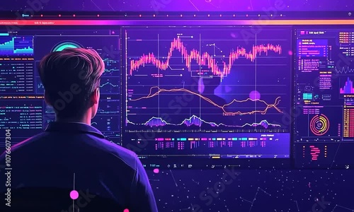 A man sits in front of a computer screen, looking at data and charts.