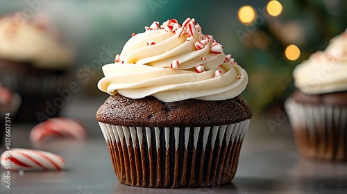 Description: Indulge in a decadent holiday treat with our rich and moist chocolate cupcakes, topped with a fluffy peppermint buttercream frosting and crushed candy cane sprinkles for a festive touch.