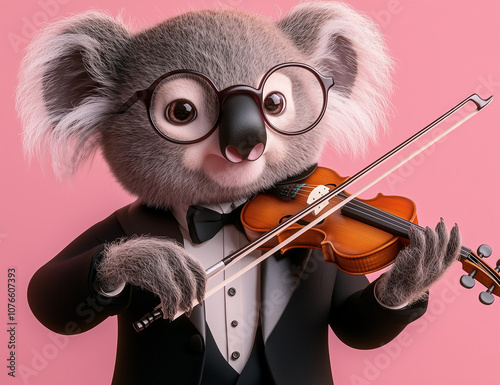 A koala wearing glasses, a tuxedo, and formal clothes, playing a violin against a pink background. photo