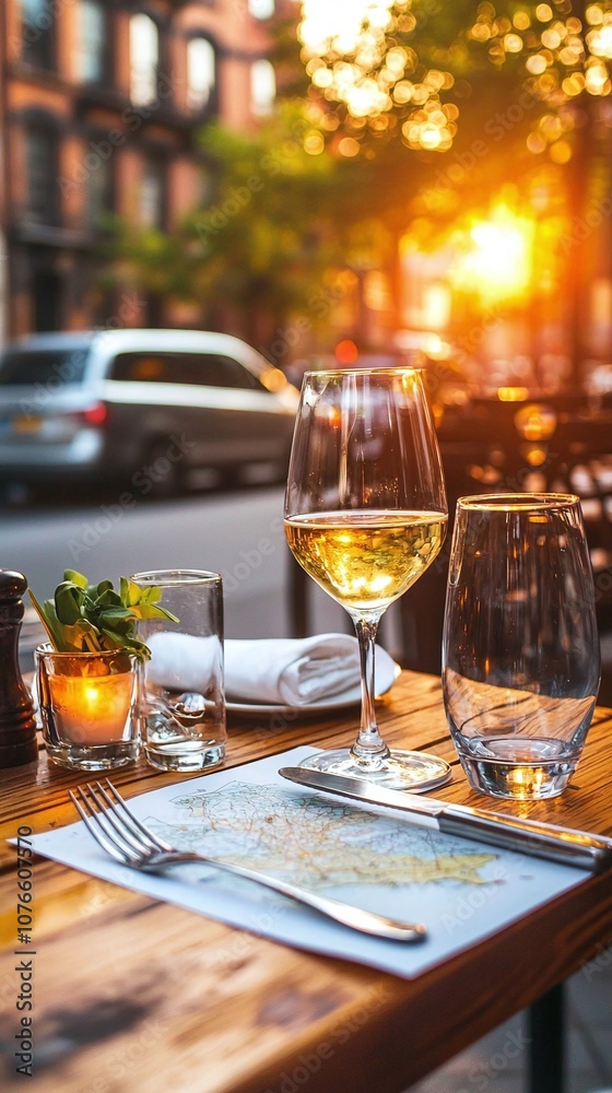 Glass of Wine on a Table with a City View. Glass of Wine on a Table with a City View.