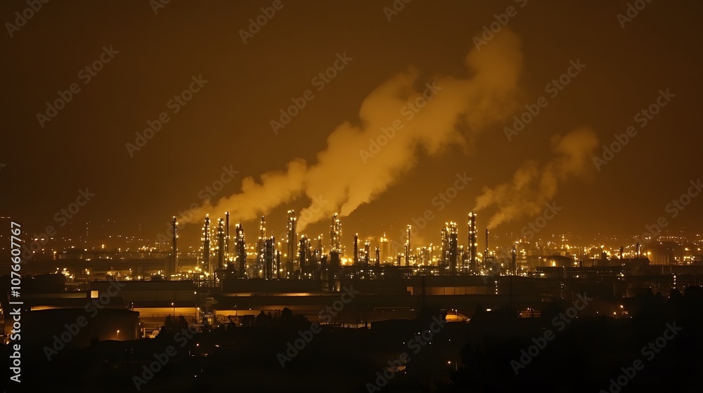 Fototapeta premium A city skyline at night with a large cloud of smoke rising from a factory. The smoke is thick and dark, creating a mood of pollution and industrial activity