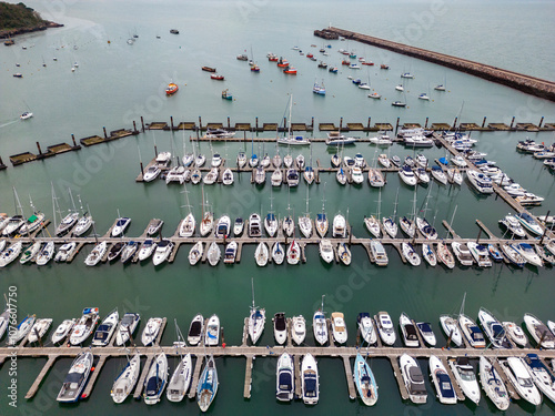 Aerial view of the marina at Brixham on the south coast of Devon in the southwest of England.