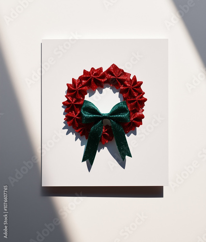 A white greeting card with a green ribbon bow, a wreath, and red glittery bows on it, made of dyed bowtie pasta.Minimal creative Christmas holiday food concept.Copy space,flat lay  photo