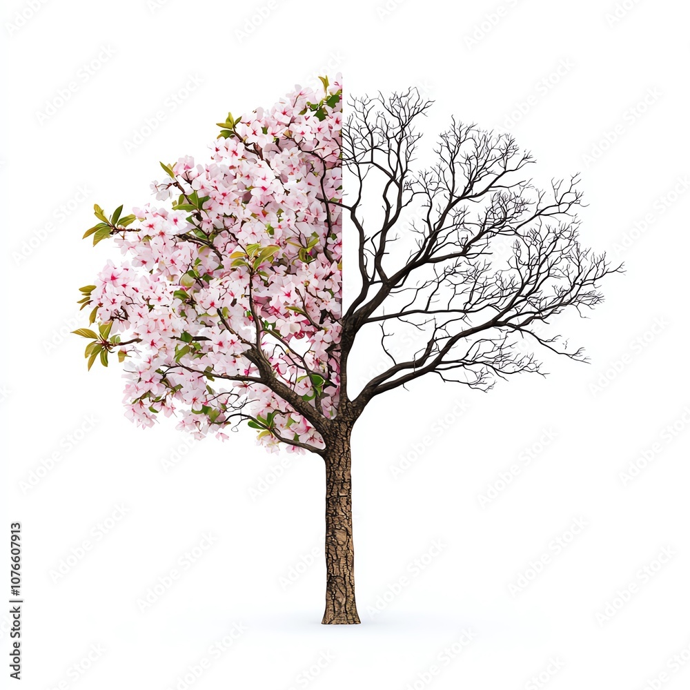 Obraz premium A striking tree divided between vibrant blossoms and bare branches.