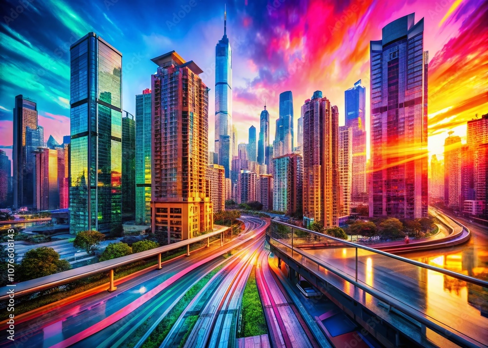 Fototapeta premium Vivid Abstract Forms Blending Gradient Colors in Contemporary Digital Art for Urban Exploration Photography Inspiration