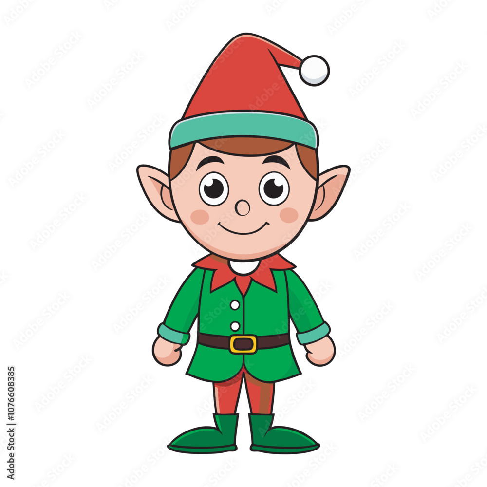 Cute Christmas Elf Cartoon Character in Green Outfit, Cute Holiday Elf with Green Hat and Red Collar Cute Christmas Elf Cartoon Character in Green Outfit, Cute Holiday Elf with Green Hat and Red Collar