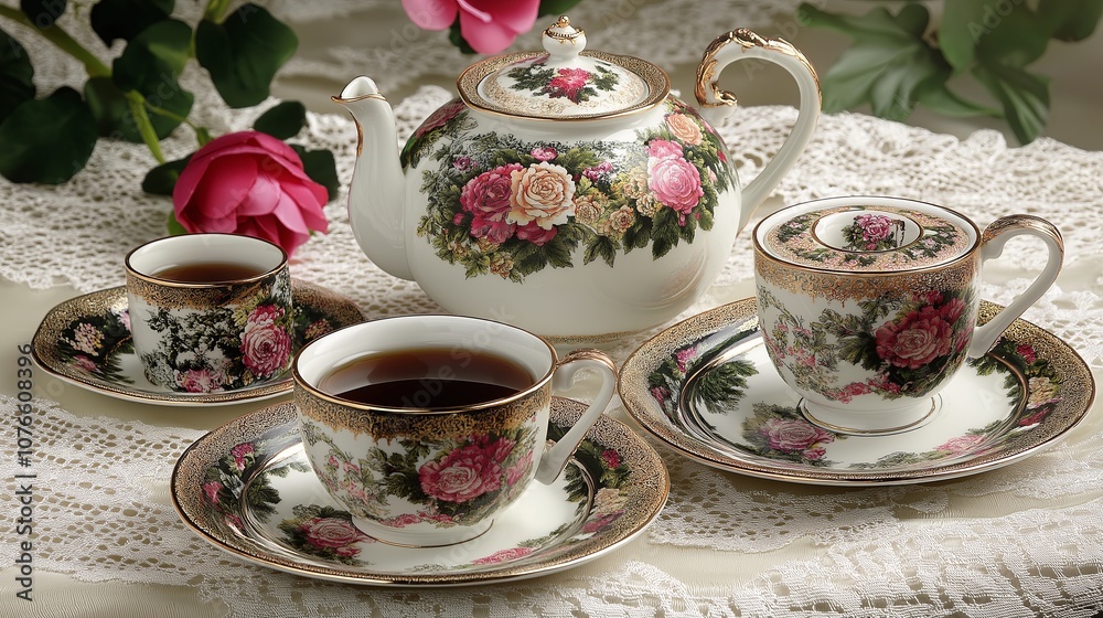 Fototapeta premium Exquisite China Tea Set on a Lace-Trimmed Tablecloth