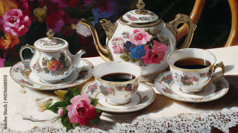Fototapeta premium Exquisite China Tea Set on a Lace-Trimmed Tablecloth