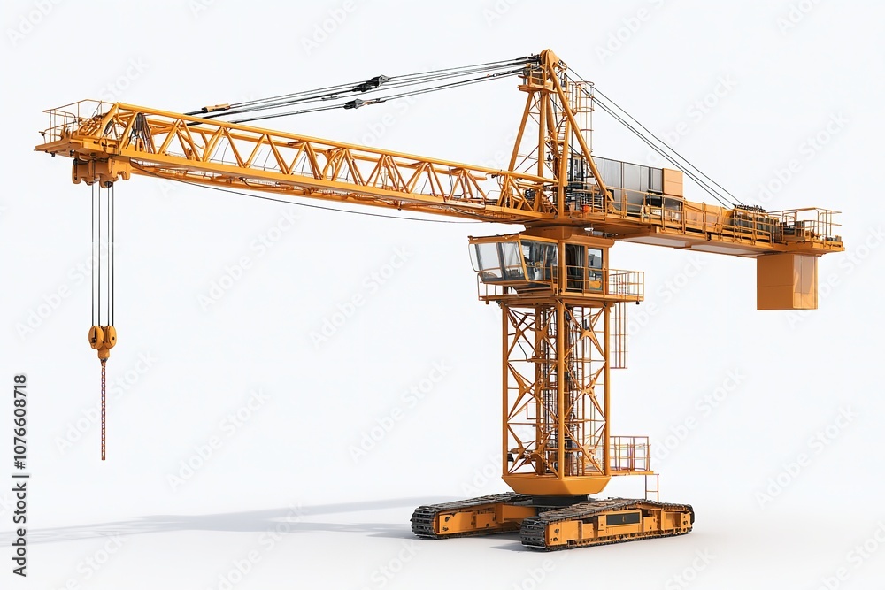 An solitary full-height yellow tower crane in three dimensions on a white backdrop. Generative Ai An solitary full-height yellow tower crane in three dimensions on a white backdrop. Generative Ai