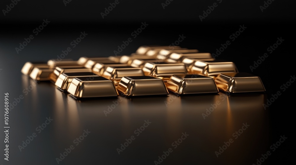 A Secure Stacking of Gleaming Gold Bars Reflecting Light on a Smooth Dark Surface, Symbolizing Wealth, Luxury, and Financial Investment Strategies A Secure Stacking of Gleaming Gold Bars Reflecting Light on a Smooth Dark Surface, Symbolizing Wealth, Luxury, and Financial Investment Strategies