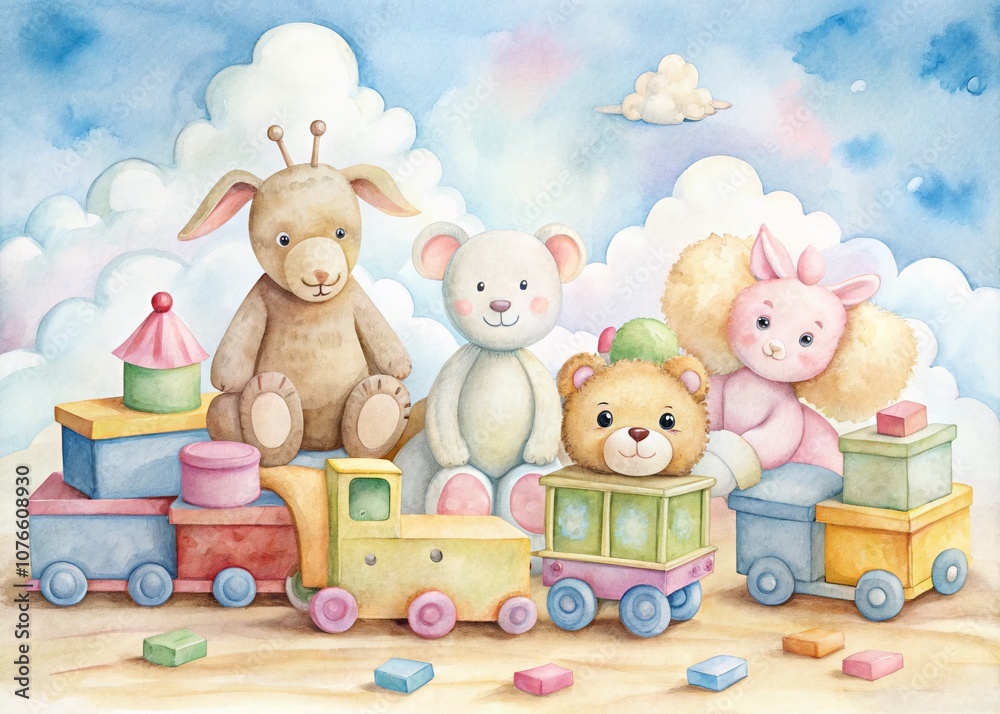 Fototapeta premium Watercolor Illustration of Charming Children's Toys in Soft Pastel Colors, Ideal for Nursery Decor and Playroom Inspiration, Evoking a Serene and Playful Atmosphere