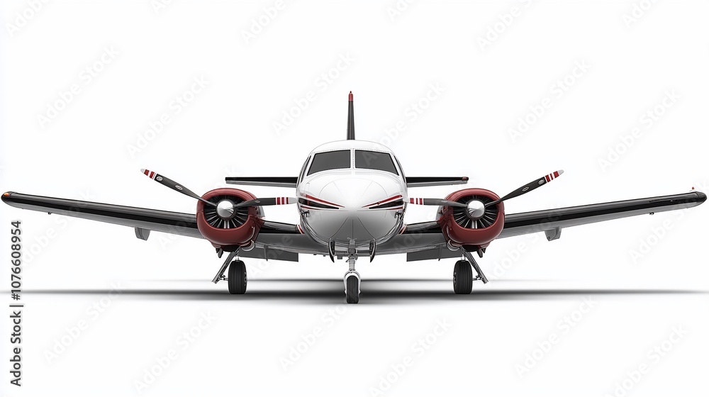 Fototapeta premium White and red twin-engine propeller airplane isolated on white background.