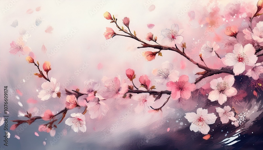 Cherry tree branches dancing in the wind, oriental painting Cherry tree branches dancing in the wind, oriental painting
