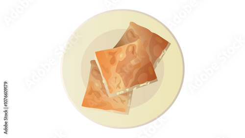 Turkish börek. Börek  with cheese. 3 square cut pastries on plate. Delicious Turkish pastry, Su boregi with cheese vector illustration. 