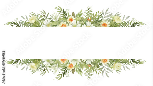 Floral frame with narcissus and green leaves isolated on white background
