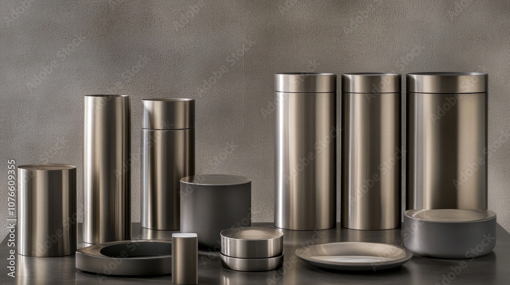 Collection of Elegant Metallic Storage Containers and Tableware Featuring Minimalist Design on a Textured Background for Modern Interior Decor Collection of Elegant Metallic Storage Containers and Tableware Featuring Minimalist Design on a Textured Background for Modern Interior Decor