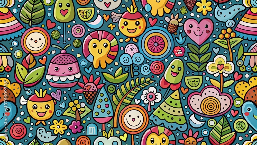 Whimsical Doodle Pattern Featuring Playful Cartoon Elements for Creative Backgrounds and Designs Whimsical Doodle Pattern Featuring Playful Cartoon Elements for Creative Backgrounds and Designs