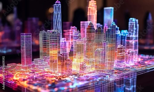 A neon city skyline model with skyscrapers illuminated in vibrant hues of pink, purple, orange, and blue.