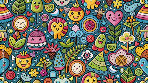 Whimsical Doodle Pattern Featuring Playful Cartoon Elements for Creative Backgrounds and Designs