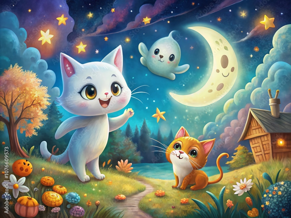 Whimsical Illustrations of Kitten and Ghost Adventures: A Tale of Friendship in a Magical Night Setting for Children's Book Cover Whimsical Illustrations of Kitten and Ghost Adventures: A Tale of Friendship in a Magical Night Setting for Children's Book Cover