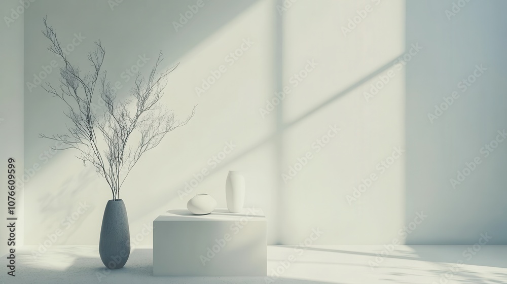 Bright and minimalistic interior showcasing a vase with branches and decorative objects Bright and minimalistic interior showcasing a vase with branches and decorative objects