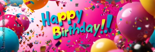 The colorful happy birthday banner background showcases a festive blend of balloons, confetti, and streamers, creating a joyful atmosphere.