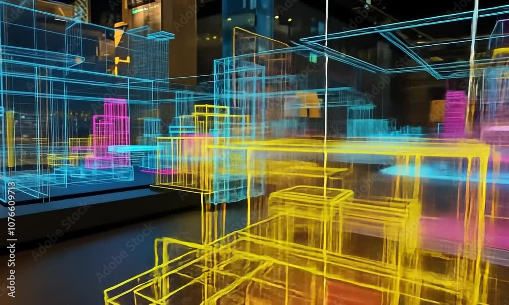 A neon city model constructed with colorful, glowing, wireframe structures and displayed in a glass box on a dark background.