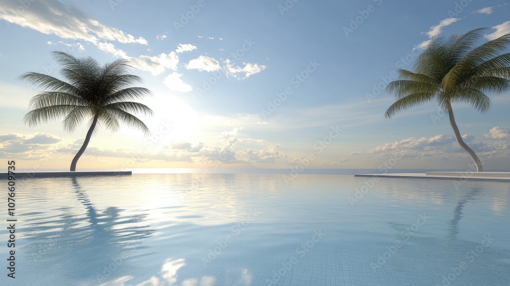Tranquil Infinity Pool with Lush Palm Trees and Serene Ocean View Under a Beautiful Sky at Sunrise or Sunset for Relaxation and Vacation Imagery Tranquil Infinity Pool with Lush Palm Trees and Serene Ocean View Under a Beautiful Sky at Sunrise or Sunset for Relaxation and Vacation Imagery
