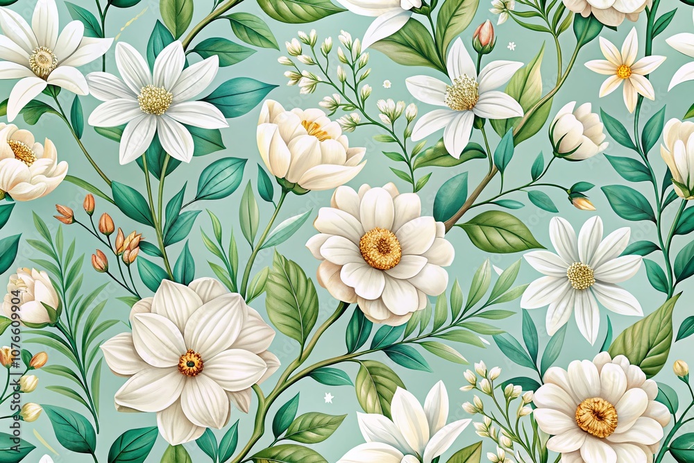 White Flowers Floral Pattern Background with Copy Space, Perfect for Elegant Designs and Botanical Themes in Light Color Palettes for Print and Digital Use