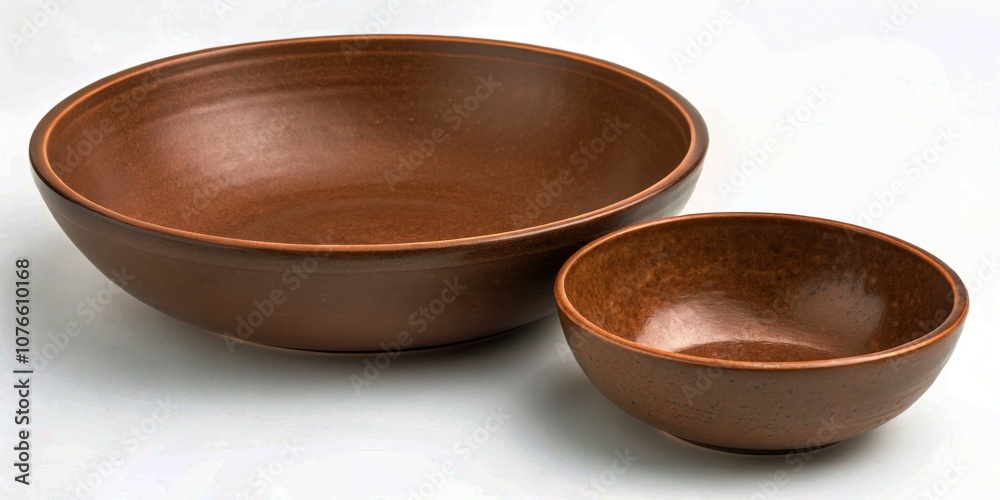 Two Empty Brown Ceramic Bowls - Small and Large, Isolated on White Background for Culinary and Home Decor Photography Two Empty Brown Ceramic Bowls - Small and Large, Isolated on White Background for Culinary and Home Decor Photography
