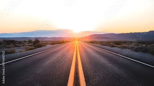 An open, straight road stretching toward the horizon under a vast, clear sky. The sun is either rising or setting directly at the end of the road, casting a warm golden glow along the yellow centerlin photo