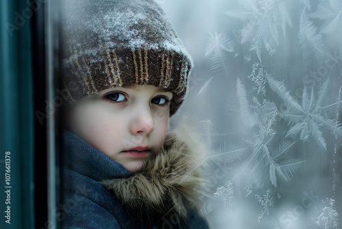 Sad and miserable little boy, child in winter clothes looking through frozen window. Concept of poverty, loneliness, health problems, orphanhood and depression in children.  photo