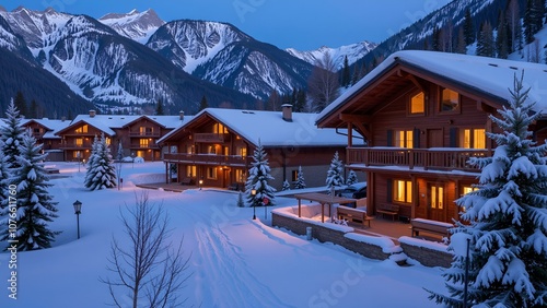 Wallpaper Mural Charming mountain cabins illuminated at dusk, nestled in a snowy landscape with towering mountains Torontodigital.ca