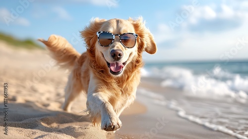 A fluffy golden retriever, wearing trendy sunglasses, is playfully romping around on the warm sand beach photo