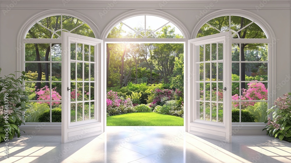 Classic French Doors Opening to a Sunlit Garden Classic French Doors Opening to a Sunlit Garden